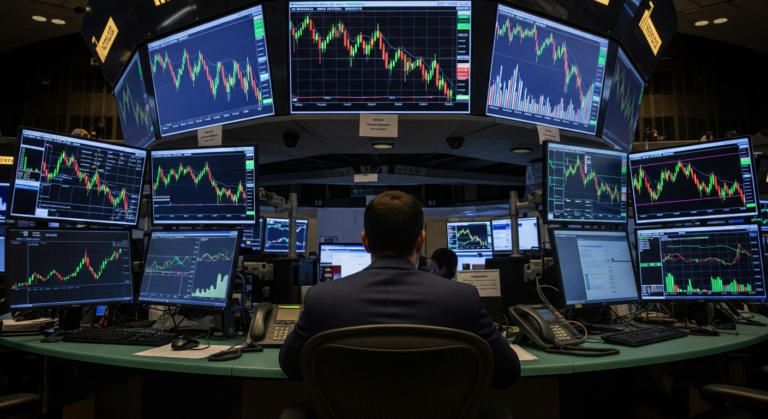 telas de trading com gráficos de ações em queda em ambiente noturno de bolsa