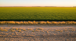 Lavoura de soja com área de solo seco ao lado representando crise financeira no agronegócio