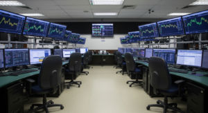 Mesa de trading vazia com telas de curvas de juros ao fundo