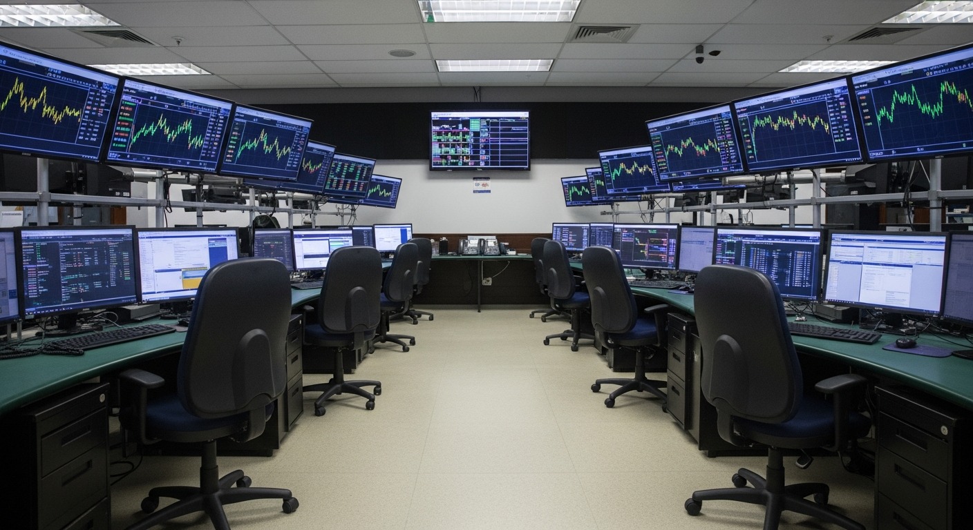 Mesa de trading vazia com telas de curvas de juros ao fundo