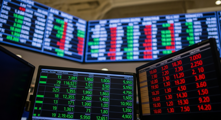 Painel de cotações em pregão de bolsa de valores com dados financeiros