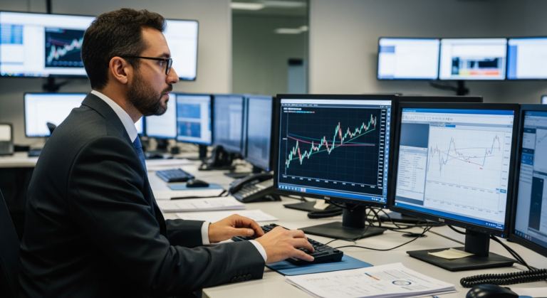 Ambiente de análise de crédito privado com gráficos de spread em monitores
