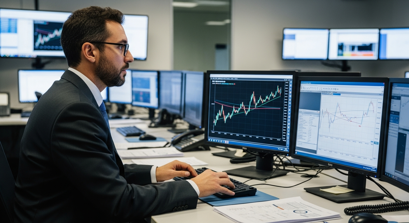 Ambiente de análise de crédito privado com gráficos de spread em monitores