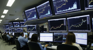 Sala de operações financeiras com telas mostrando crescimento do mercado de renda fixa