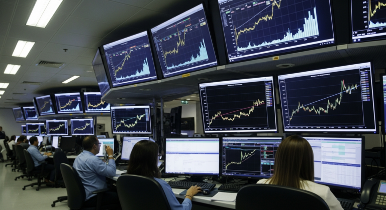 Sala de operações financeiras com telas mostrando crescimento do mercado de renda fixa