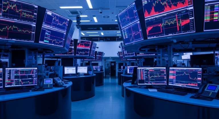 Sala de operações com monitores exibindo gráficos de mercado em queda