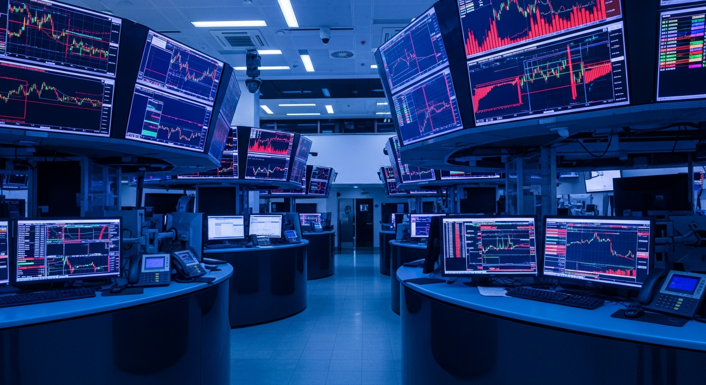 Sala de operações com monitores exibindo gráficos de mercado em queda