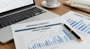 Mesa de análise de crédito privado com relatório e gráfico de spread