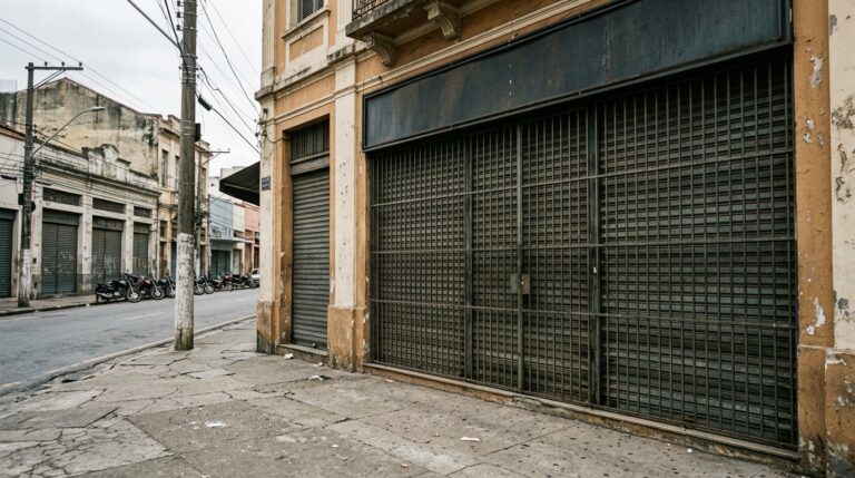 Fachada de loja de varejo fechada, representando crise no setor varejista brasileiro