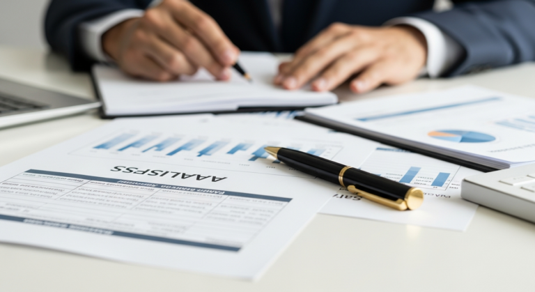 Documentos de análise financeira sobre mesa de trabalho iluminada