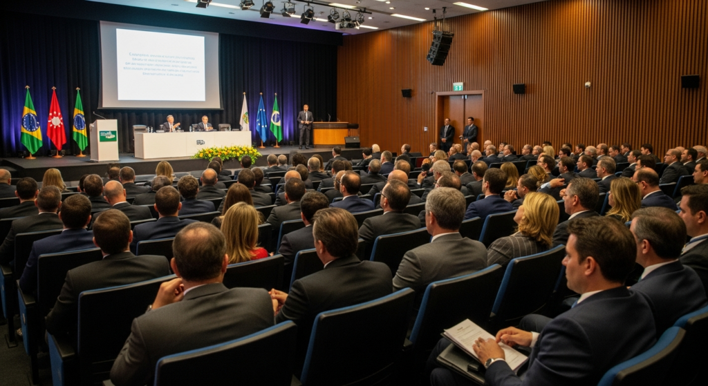 Auditório de congresso financeiro com palestrantes e plateia de profissionais