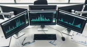 Mesa de operação financeira com monitores de gráficos e documentos
