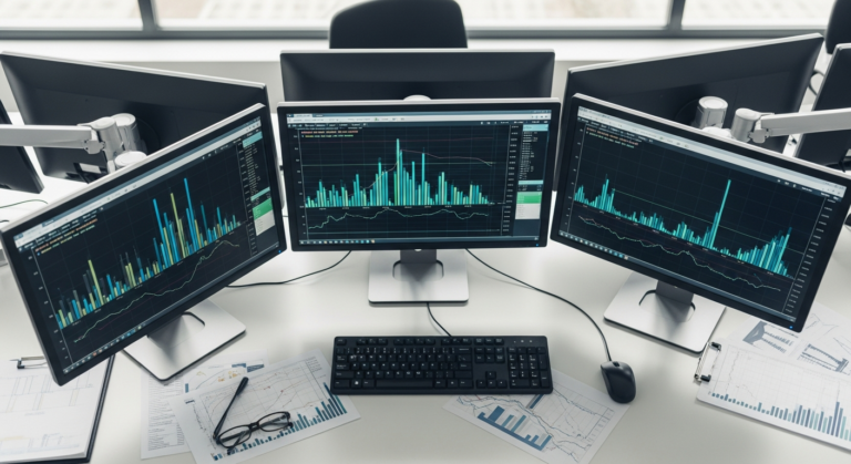Mesa de operação financeira com monitores de gráficos e documentos