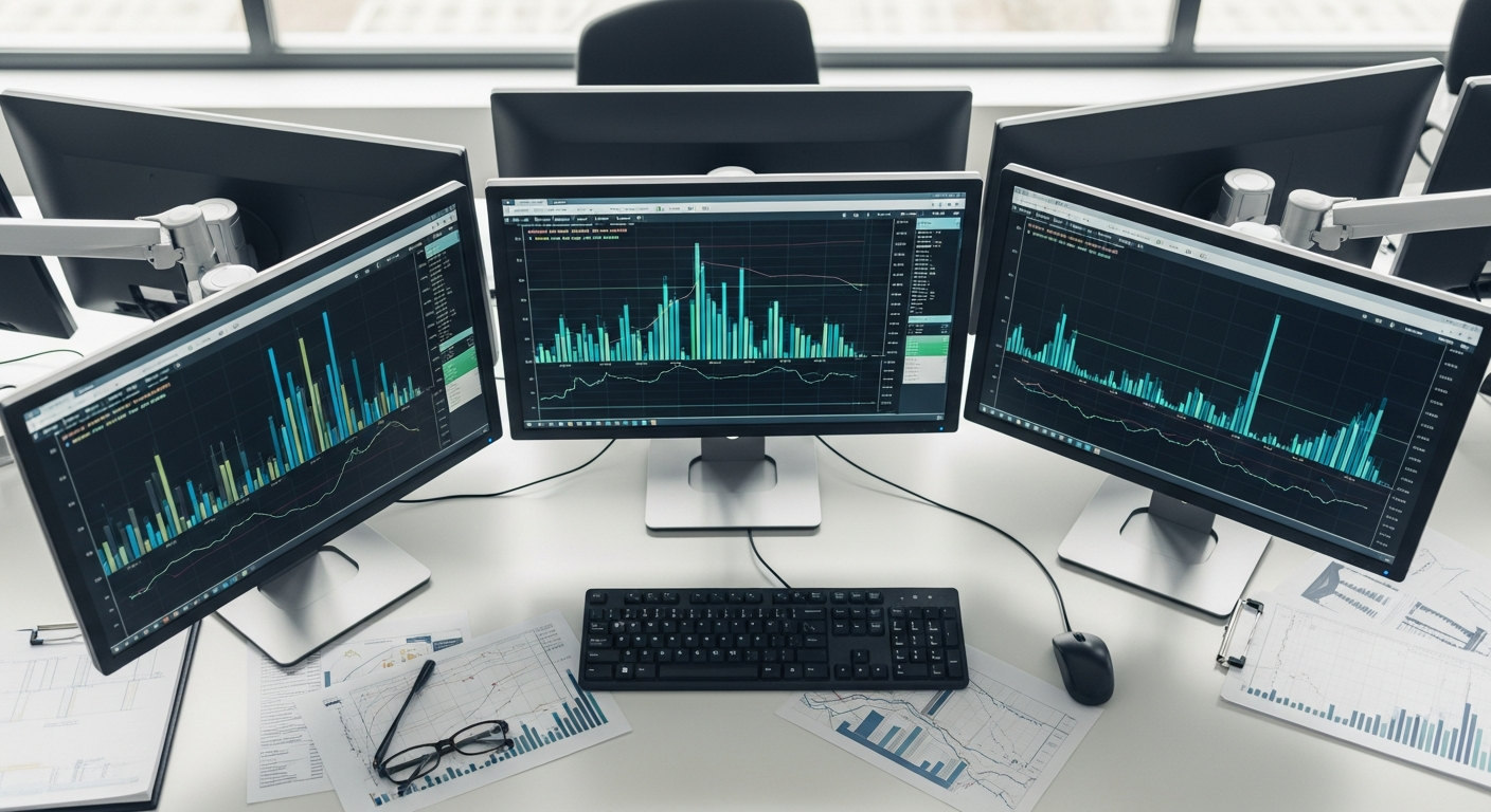 Mesa de operação financeira com monitores de gráficos e documentos