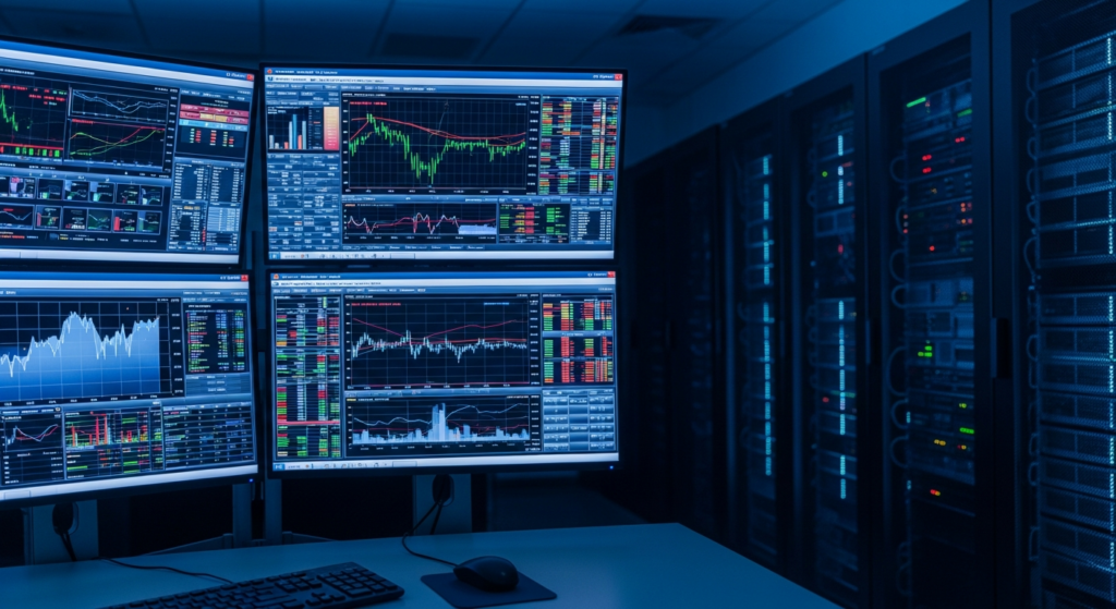 Sala de tecnologia financeira com monitores de dados de mercado