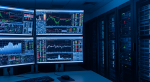 Sala de tecnologia financeira com monitores de dados de mercado