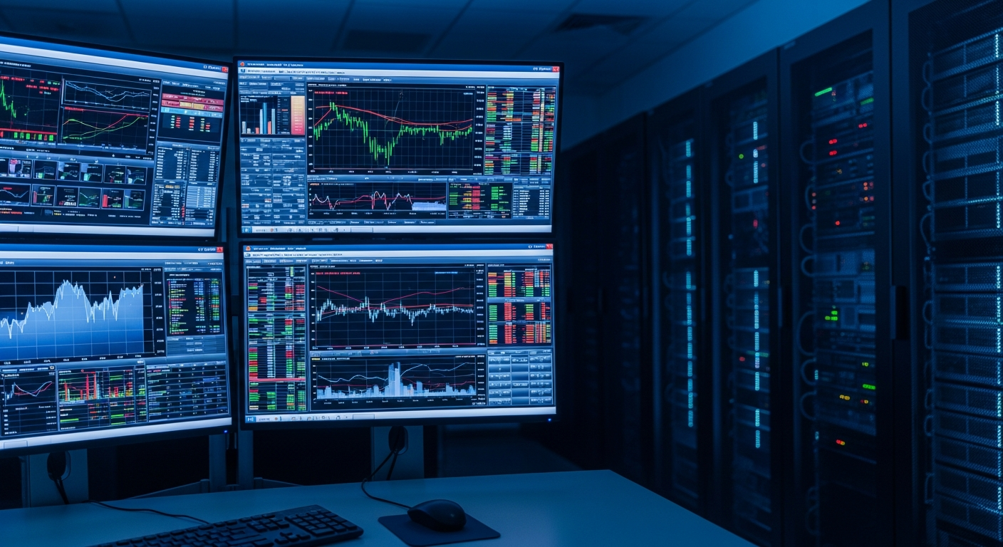 Sala de tecnologia financeira com monitores de dados de mercado