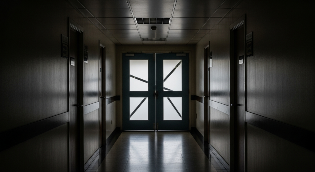 Corredor de órgão regulador institucional, silencioso e iluminado por luz fria
