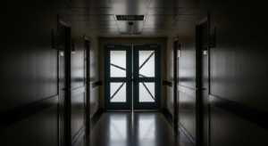 Corredor de órgão regulador institucional, silencioso e iluminado por luz fria