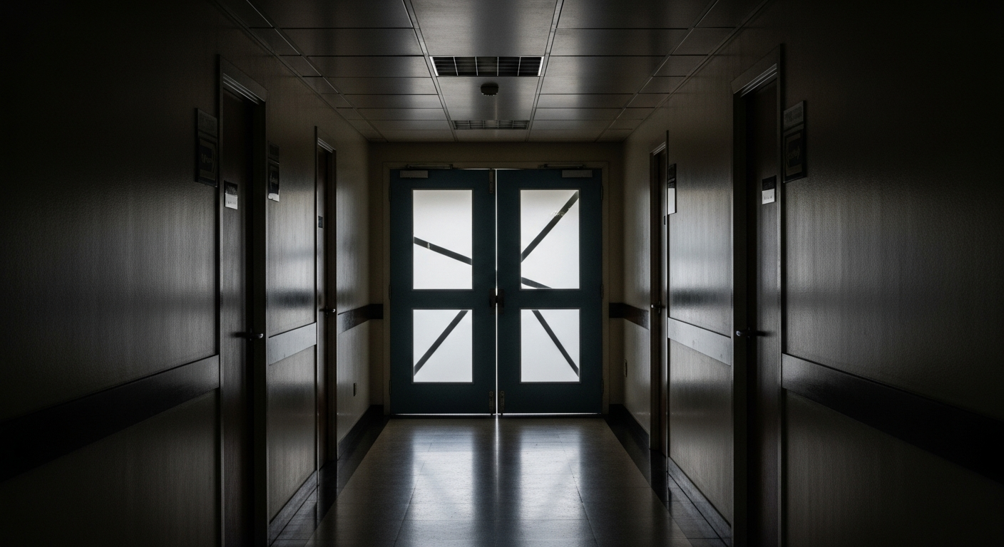 Corredor de órgão regulador institucional, silencioso e iluminado por luz fria