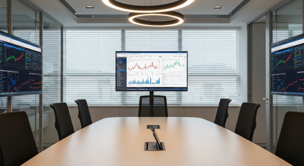dashboard financeiro em tela grande em sala de reunião corporativa