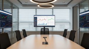 dashboard financeiro em tela grande em sala de reunião corporativa