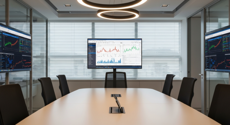 dashboard financeiro em tela grande em sala de reunião corporativa