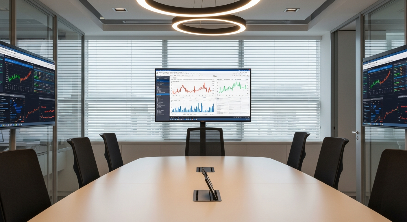 dashboard financeiro em tela grande em sala de reunião corporativa