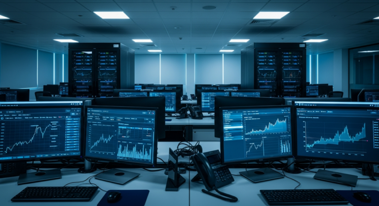 Ambiente de tecnologia financeira com monitores de dados de patrimônio e alocação