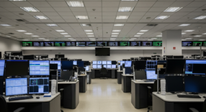 Sala de operações de bolsa vazia com monitores apagados após falha técnica
