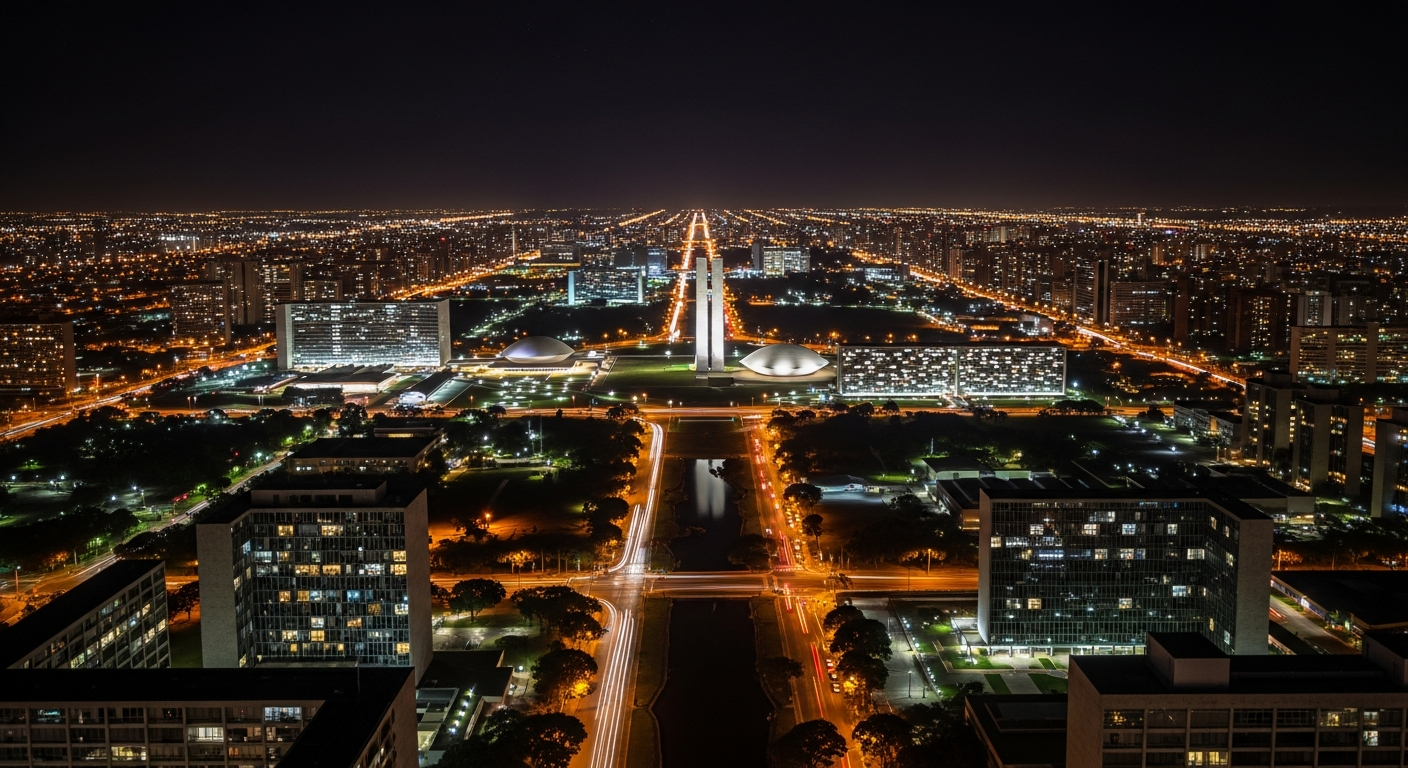 Vista aérea noturna de Brasília com iluminação dos prédios governamentais, perspectiva institucional