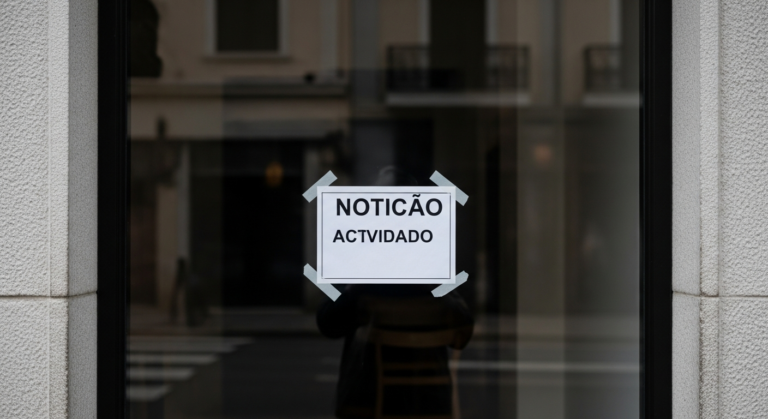 Restaurante com fachada fechada e aviso na vitrine, estética jornalística