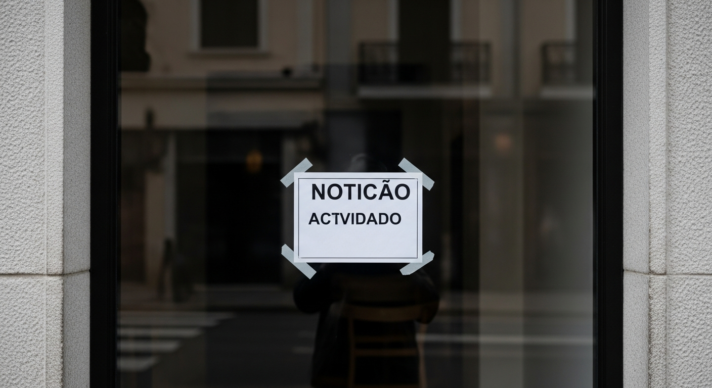 Restaurante com fachada fechada e aviso na vitrine, estética jornalística