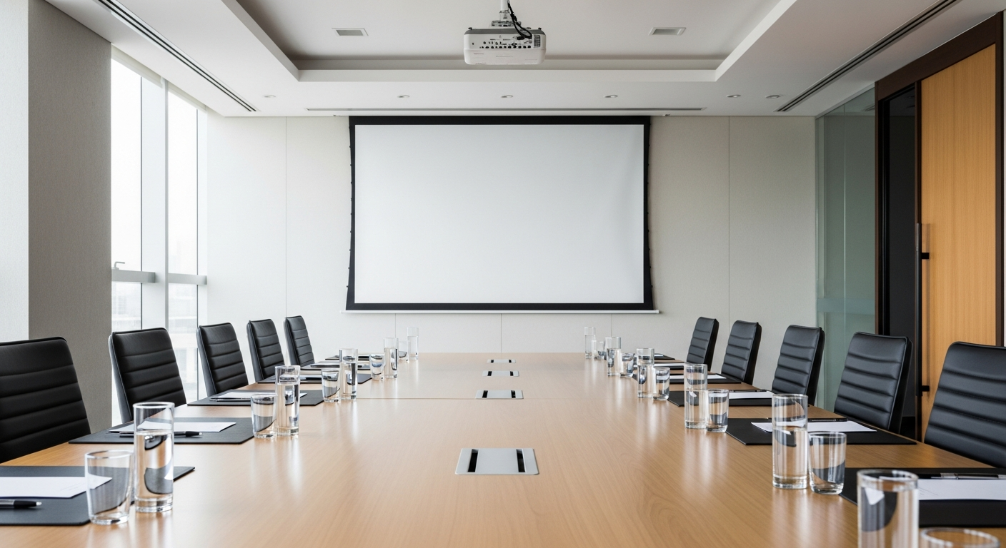 Sala de conferência corporativa vazia representando reunião de resultados de empresa de bolsa de valores