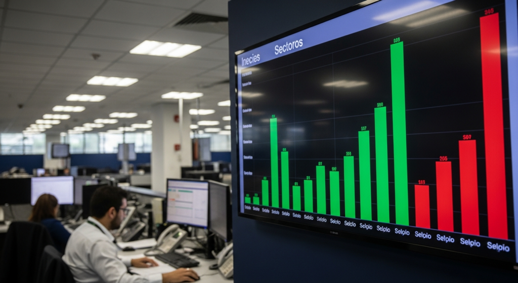 Painel de pregão com gráficos de índices setoriais mostrando variação no primeiro semestre de 2026