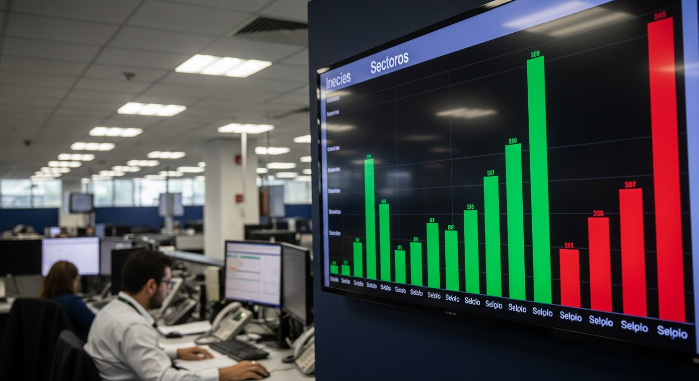 Painel de pregão com gráficos de índices setoriais mostrando variação no primeiro semestre de 2026