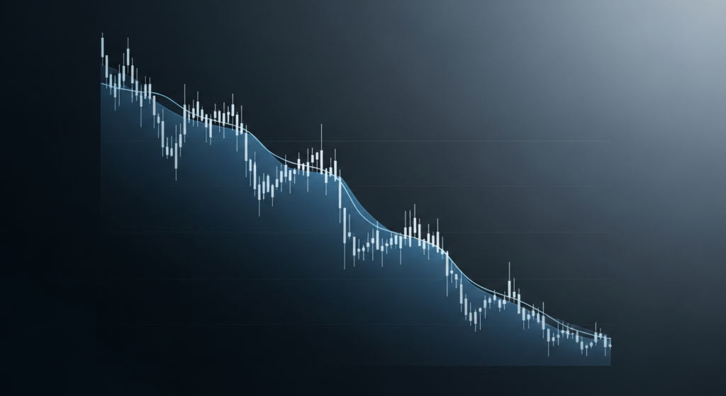 Linha gráfica mostrando queda gradual de taxa de juros em cenário financeiro editorial