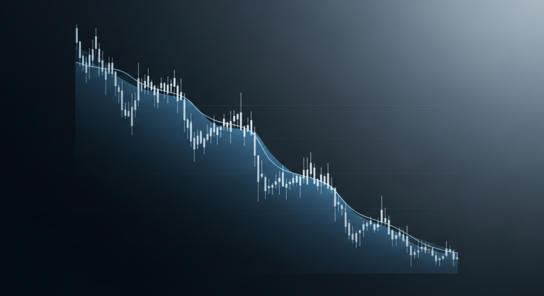 Linha gráfica mostrando queda gradual de taxa de juros em cenário financeiro editorial
