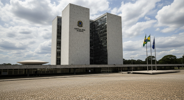Fachada do Banco Central do Brasil em Brasília, perspectiva editorial fotojornalística