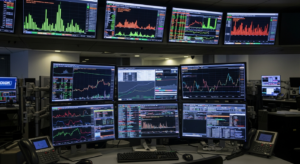 Sala de operações financeiras com telas de dados de mercado de crédito em queda