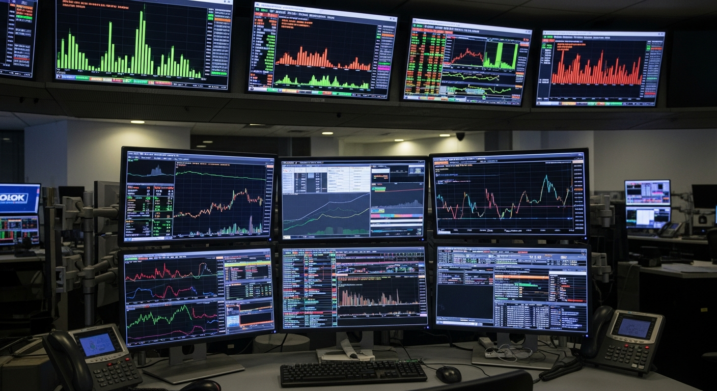 Sala de operações financeiras com telas de dados de mercado de crédito em queda