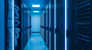 Corredor de datacenter com servidores e iluminação azul tecnológica intensa