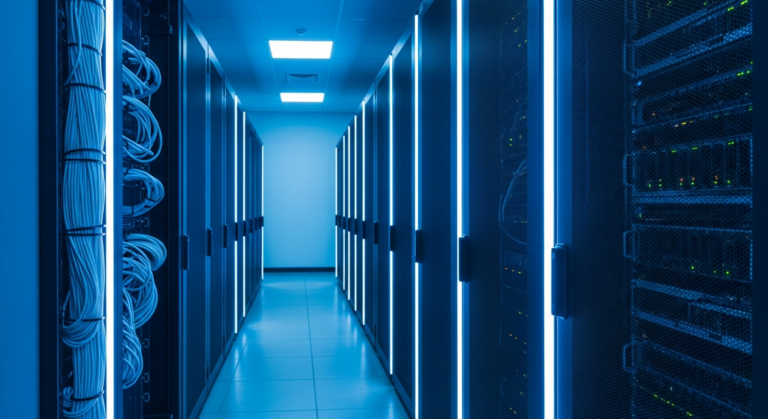 Corredor de datacenter com servidores e iluminação azul tecnológica intensa