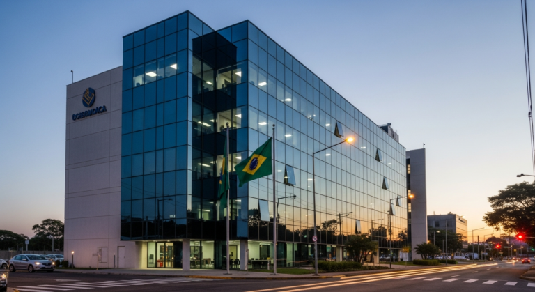Torre de escritórios corporativa com fachada envidraçada ao entardecer