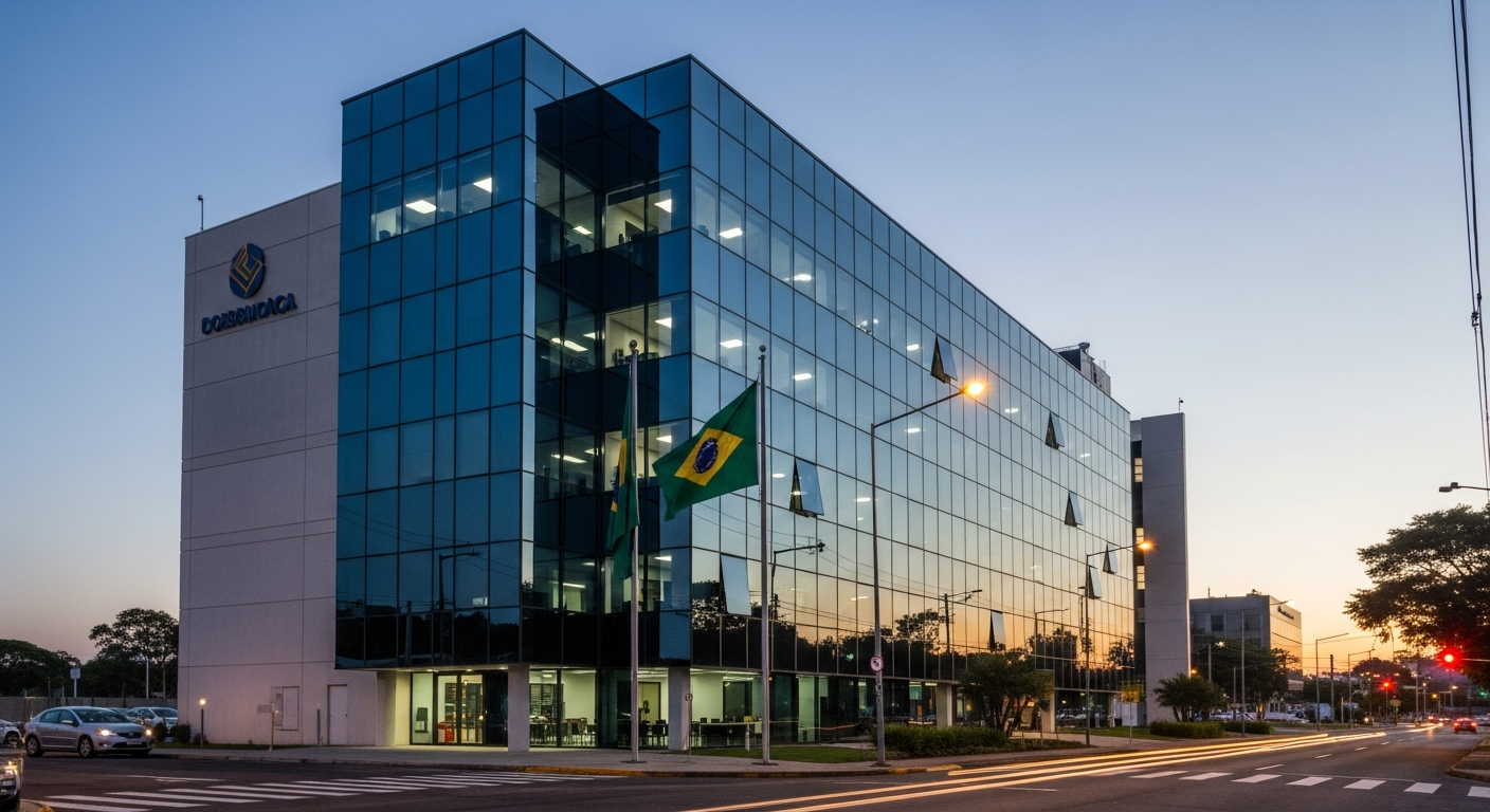 Torre de escritórios corporativa com fachada envidraçada ao entardecer