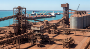 Porto industrial de minério de ferro com infraestrutura de carregamento e navios cargueiros