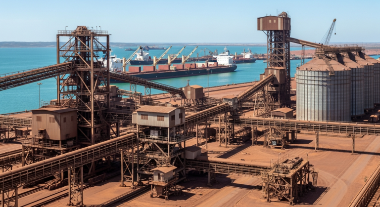 Porto industrial de minério de ferro com infraestrutura de carregamento e navios cargueiros