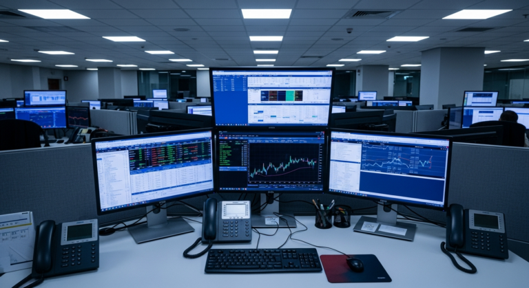 Sala de trabalho vazia em escritório financeiro com monitores mostrando dashboards de dados